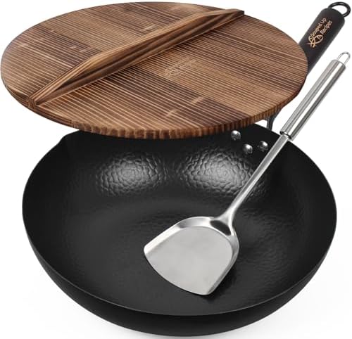 Souped Up Recipes 13.4 Inch Carbon Steel Wok For Electric, Induction and Gas Stoves (Lid, Spatula and User Guide Video Included)