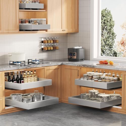 Seinloes 2 Pack Expandable Pull Out Cabinet Organizer 21"Deep With Raising Pad for Framed Cabinets,Upgrade 3 Slide Rails Slide Out Drawers,Roll Out Shelves Adhesive,Adjustable Width 12.05"-20.4"Silver