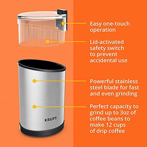 Krups Coffee Grinder, Fast-Touch, 3oz, 85g bean hopper - Easy to Use, One Touch Operation - 200 Watts - Espresso Grinder, Spice Grinder, 2 to 12 cup Coffee Bean Grinder, Silver