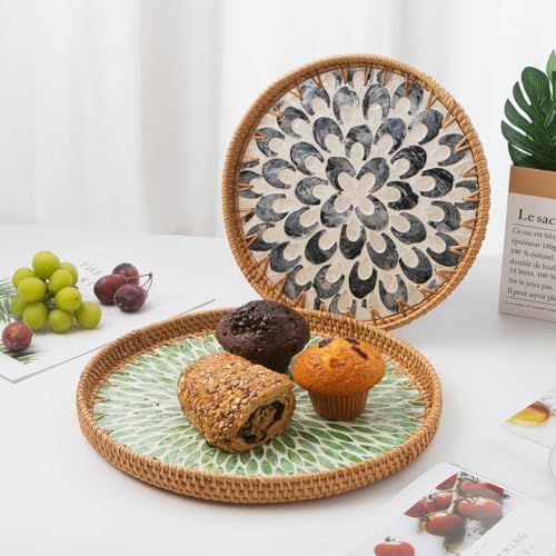 Round Rattan Tray with Mother of Pearl Inlay, Wooden Base
