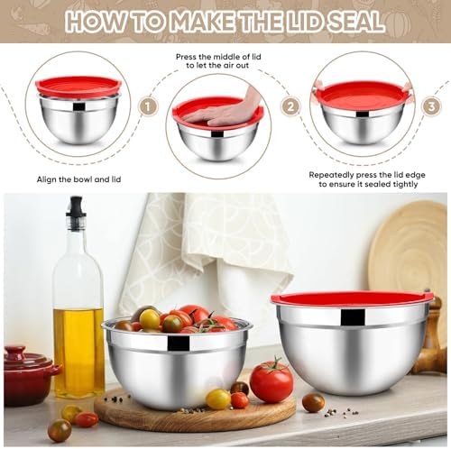 TeamFar Mixing Bowls Set of 5, Stainless Steel Metal Salad Bowls with Lids