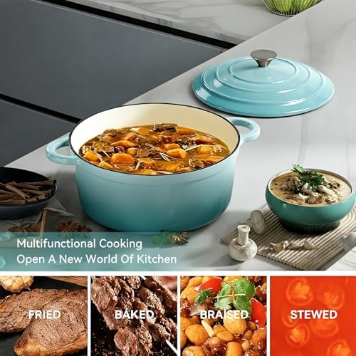 Miereirl 6 Quart Enameled Dutch Oven Pot with Lid, Cast Iron Dutch Oven with Dual Handles for Bread Baking, Cooking, Non-stick Enamel Coated Cookware, Light Blue