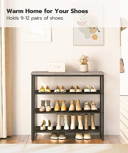 HOOBRO Shoe Rack, 4 Tier Shoe Storage Organizer with 3 Oxford Fabric Shelves and Top Panel, Holds 12-16 Pairs of Shoes for Entryway and Closet, Industrial, Greige BG47XJ01G1