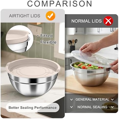 HaWare Mixing Bowls with Airtight Lids, 6-Piece Stainless Steel Salad Bowls