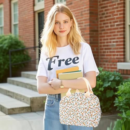 Cotton Quilted Insulated Lunch Bag, Reusable Quilted Floral Lunch Tote Bags