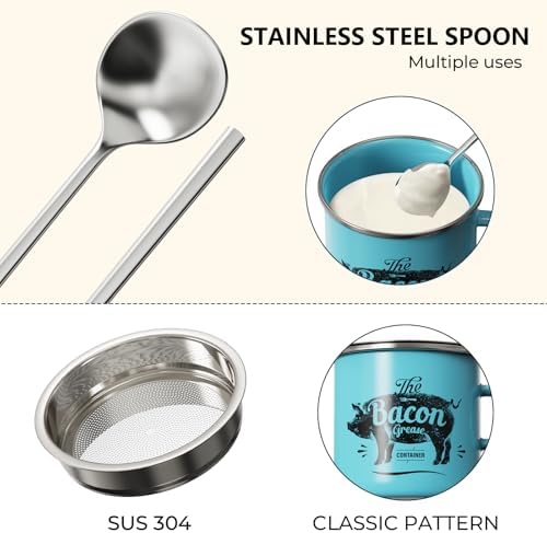 Bacon Grease Container with Strainer-15OZ Enamel Saver, Dishwasher Safe
