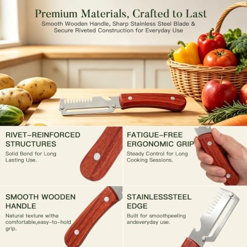 3-in-1 Vegetable Peelers for Kitchen with Wooden Handle, Stainless Steel Blades, Built-in Julienne Cutter & Bottle Opener, Fruit Peeler for Potato, Carrot, Apple, Cucumber & Pumpkin