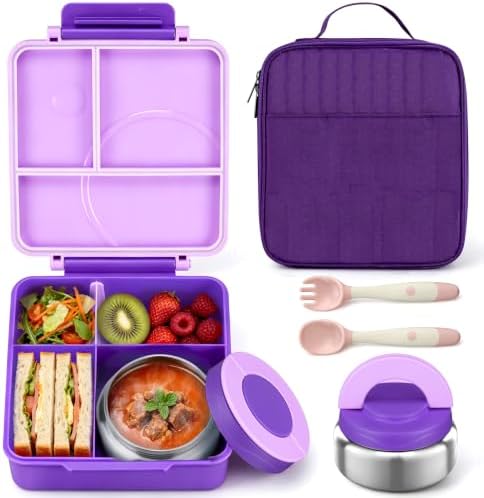 Itslife Bento Lunch Box for Kids with 8oz Soup Thermo&Lunch Bag, Leak-Proof Lunch Food Containers with 4 Compartment, Hot Food Insulated Food Jar for Kids School (Purple)