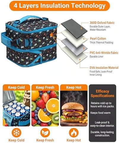 Expandable Lunch Box Kids,Cute Cartoon Insulated Lunch bag for Kids Boys Girls Portable Double-Capacity Lunchbox Special Design for school Picnic Outdoor