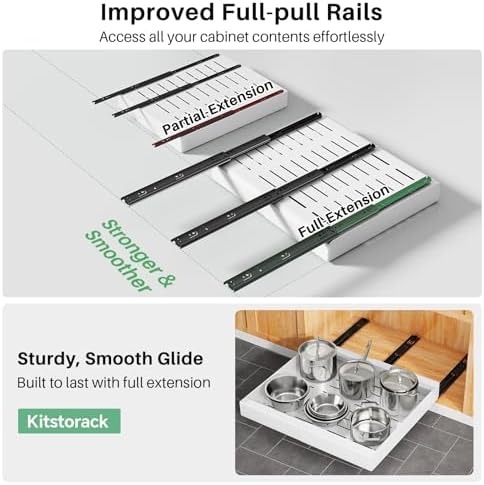 Kitstorack Pull out Cabinet Organizer, Expandable(12"-20") Heavy Duty Slide out Drawers Fixed with Adhesive Nano Film for Pots, Roll out Shelf Storage for Kitchen Base Cabinet Organization(White)