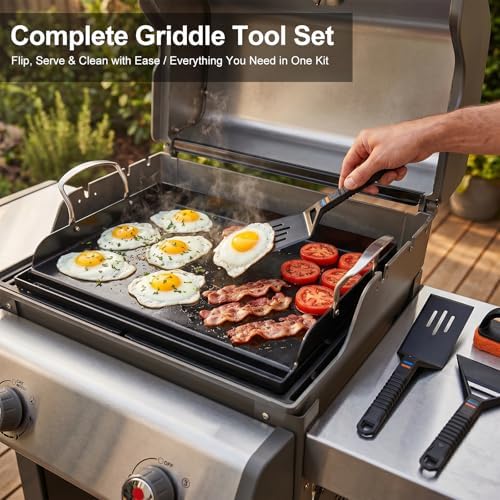 Uniflasy 17 x 13 in Cast Iron Griddle for Gas Grill, Nano Ceramic Nonstick Flat Top Grill Plate with 5-Piece Tool Kit, Grease Groove, High Sidewalls, Handles, for Charcoal, Stove Top, Camping