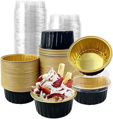100Pcs Aluminum Cups with Lids,5oz Disposable Ramekin Baking Cups Muffin Liners Mini Pie Pans Foil Cupcake Containers for Christmas Party Wedding,Black Gold