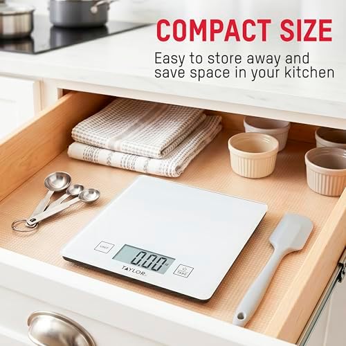 Taylor Compact Glass Kitchen Food Scale, 11 lb Capacity Digital Scale for Baking, Cooking, Meal Prep, Portion Control, Thin Lightweight Design, Easy-to-Read Display, White
