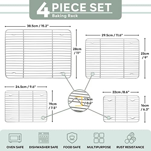Herogo Cooling Rack Set of 4, Stainless Steel Cooking Baking Rack, Fit Various Size Cookies Sheets, for Cooling Grilling Roasting, Rust Free & Dishwasher Safe