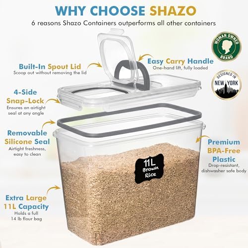 Shazo 2 PC (11L | 372 oz) Flour Sugar Storage Containers with Spout Lid & Easy Carry Handle - BPA Free Extra Large Airtight Food Storage Containers with Lids - Rice Canisters Sets for Kitchen & Pantry