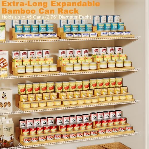 3-Tier Extra-Long Expandable Bamboo Can Rack for Pantry, Holds 45 Cans