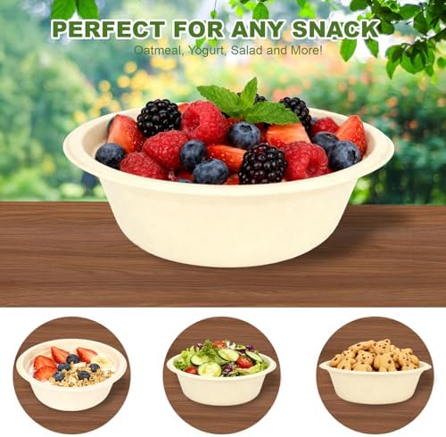 Neyimqr 125 Pack 12 OZ Paper Bowls, Natural Compostable Disposable Soup Bowls, Eco-Friendly Bagasse Serving Plates and Bowls for Hot Food or Cold Use