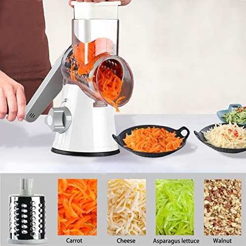 Handheld Rotary Cheese Grater Shredder- 3 Interchangeable Stainless Steel Drum Blades Manual Round Mandolin Vegetable Slicer Nut Grinder with Upgraded Strong Suction Base & Free Sharp Peeler, White