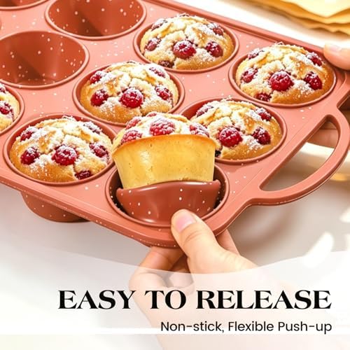 Vinino 2 Pack 12 Cups Silicone Muffin Pan with Stainless Steel Frame-Orange