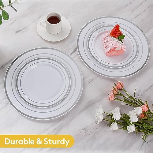 Goodluck 200PCS Silver Plastic Plates,Heavy Duty Disposable Silver Plates with 100 10.25 inch Dinner Plates and 100 7.5 inch Dessert Plates, Disposable Plates for Party, Holiday, Wedding (Pack of 2)