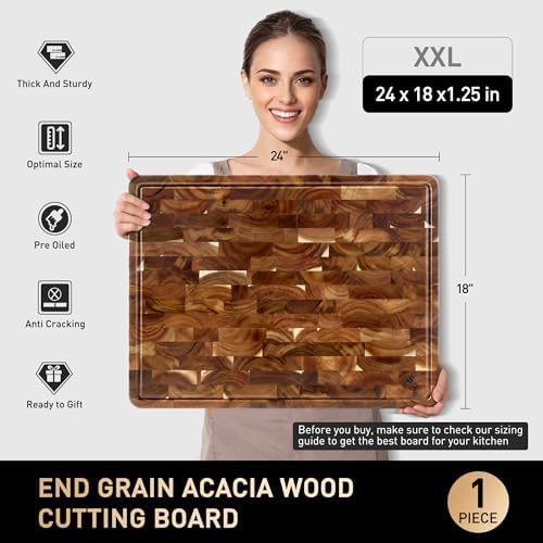 Large End Grain Cutting Board for Kitchen with Non-slip Feet, Acacia Wood