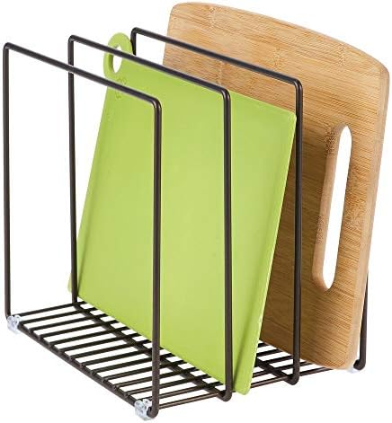 mDesign Steel Storage Tray Organizer Rack for Kitchen Cabinet - Divided Holder with 3 Slots for Skillets, Frying Pan, Pot Lids, Cutting Board, Baking Sheets - Concerto Collection - Bronze