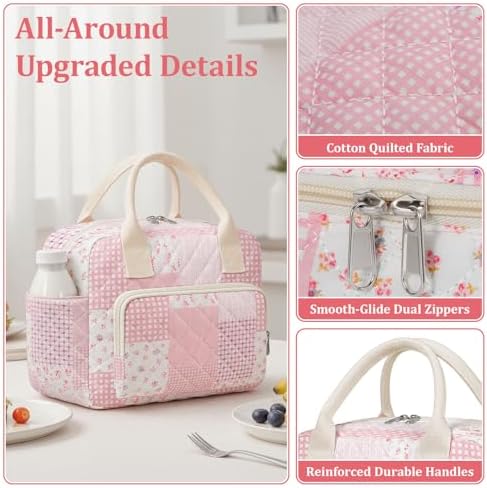 WOBAGMEN Quilted Lunch Box for Women, Insulated Lunch Bag for Adult,Cute Lunch Tote Bags for Work Picnic Travel (Pink Patchwork, M)