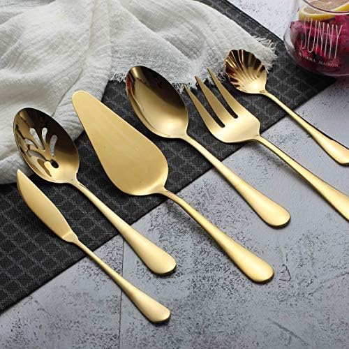 Berglander Stainless Steel Golden Titanium Plated Flatware Serving Set 6 Pieces, 5 Serving Pieces of 45 Pieces Flatware With 1 Cake Server, Serving Silverware Set (Shiny Golden)
