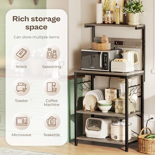 SUPERJARE Kitchen Bakers Rack with Power Outlet, Coffee Bar Table 4 Tiers, Kitchen Microwave Stand with 6 S-shaped Hooks, Kitchen Storage Shelf Rack for Spices, Pots and Pans - Greige