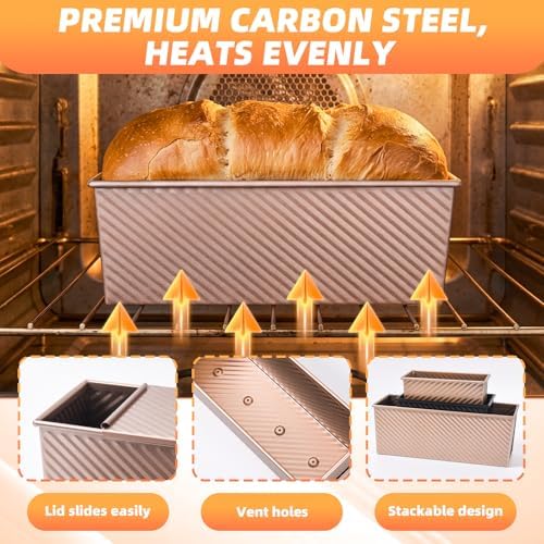 2 PCS Pullman Loaf Pan with Lid, 2.2 lb & 1 lb Dough Capacity, Nonstick Carbon Steel Sandwich Bread Pans with Covers for Homemade Sourdough Baking