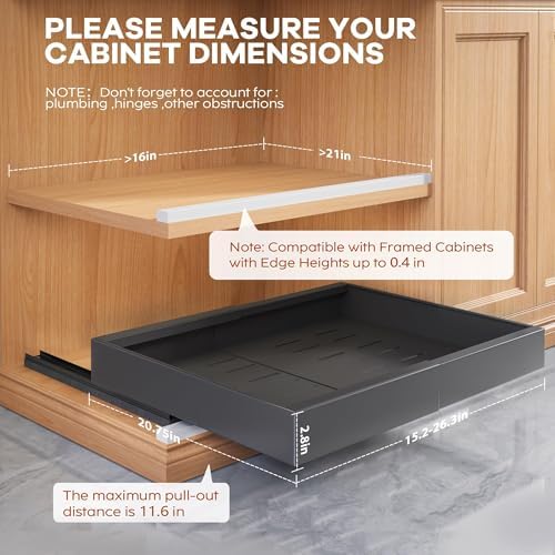 Seinloes 4 Pack Expandable Pull Out Cabinet Organizer 21"Deep With Raising Pad for Framed Cabinets,Upgrade 3 Slide Rails Slide Out Drawers,Roll Out Shelves Adhesive,Adjustable Width 15.15"-26.3" Black