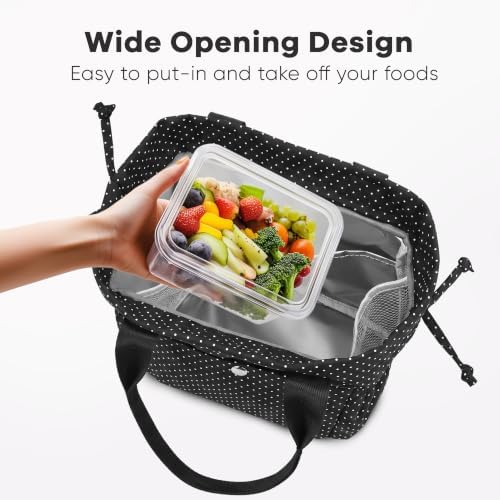 Yarnic Lunch Bag Women Insulated Lunch Box (Polka Dots Black)