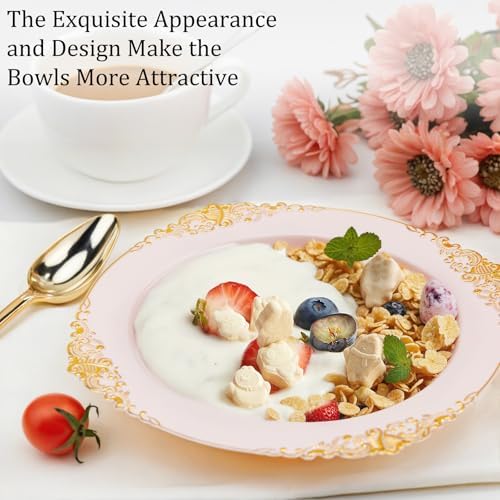 Nervure 50PCS Pink Plastic Bowls with Gold Rim - 12oz Disposable Soup Bowls