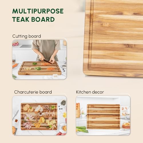 BEEFURNI Teak Wood Cutting Board with Juice Groove (20x15x1.25", M)