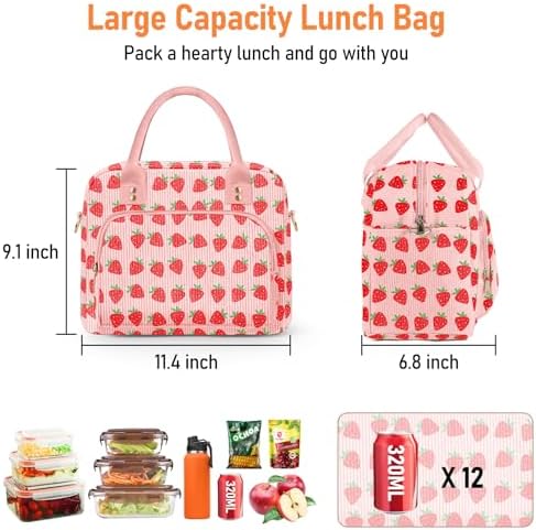 Lunch Bag Large Insulated Lunch Box for Women Adult Cute Pink Strawberry Lunchbox Corduroy Lunch Bags Boxes Pail with Shoulder Strap for Work (Big Red Strawberry)