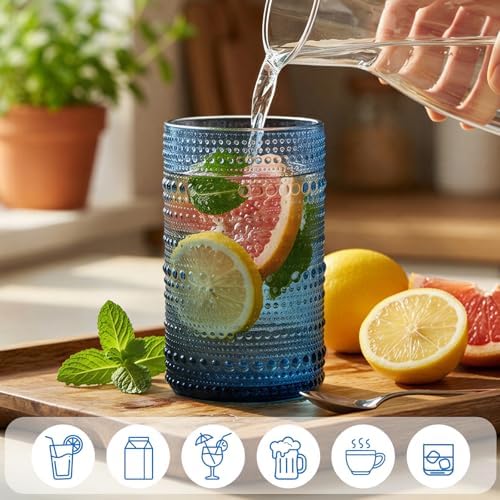 Moretoes 12 Pack Blue Hobnail Drinking Glasses Vintage Water Glass Cups
