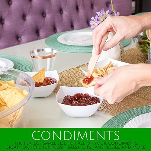 PLASTICPRO Disposable Square Serving Bowls, Party Snack or Salad Bowl, Plastic Clear or White Pack of 8 (8 OUNCE, White)