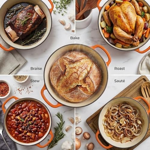 Zulay Kitchen 6 Quart Enameled Cast Iron Dutch Oven Pot with Lid – Premium Durability & Oven Safe up to 500°F – Heavy Duty Cookware Perfect for Bread Baking, Stews, Braising & Roasting – Orange