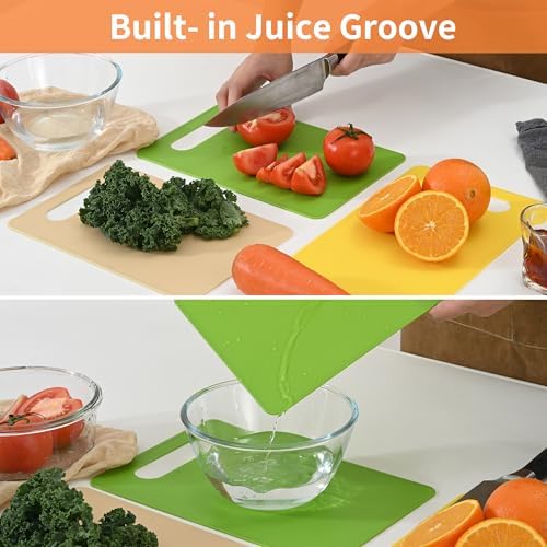 Luckyiren Plastic Cutting Board Set, 4-Piece Small Color-Coded Kitchen Mats
