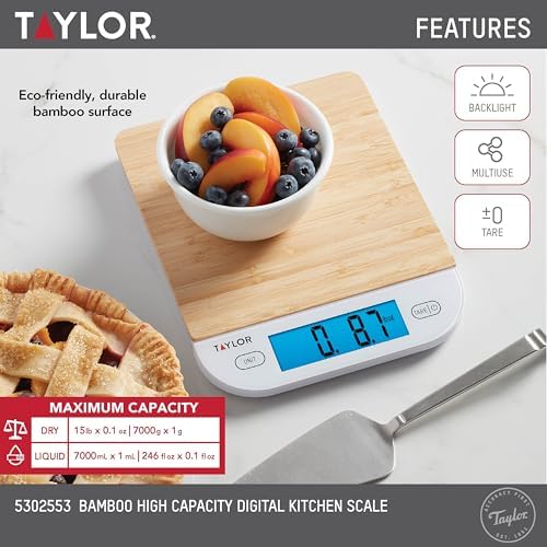 Taylor Bamboo Digital Backlit Kitchen Scale - 15 lb Max Capacity