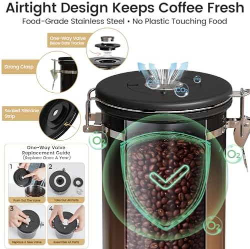 Veken Coffee Canister with Window, Airtight Stainless Steel Container,Date Tracker, Kitchen Food Storage Jars for Beans, Ground, Espresso, Rice,Tea,Sugar, Cereal, Gifts, Scoop,Copper, 22OZ (Pack of 2)