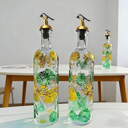 1 Pcs Olive Oil Dispenser Bottle for Kitchen,17oz Clear Glass Cooking Oil and Vinegar Dispenser Set, Coffee Syrup Dispenser with 1 Pourers and 1 Funnel (One colorful circle)