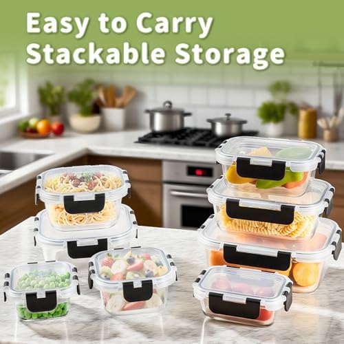 8 Pack Glass Food Storage Containers with Snap Locking Lids for Meal Prep