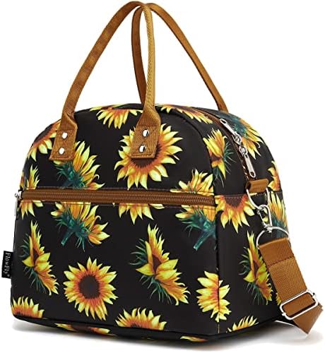 FlowFly Insulated Lunch Bag With Shoulder Strap for Women, Men, and Kids, Large and Reusable, Handle, Freezable Work and School Travel Tote and Meal Prep Organizer,Sunflower