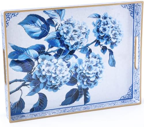 Serving Tray with Handles, Rectangular Plastic Tray 15.75x11.81 Inch, Decorative Tray for Kitchen, Dining Table, Vanity, Office & Home (Blue Hydrangea, 15.8" x 11.8" x 1.6")
