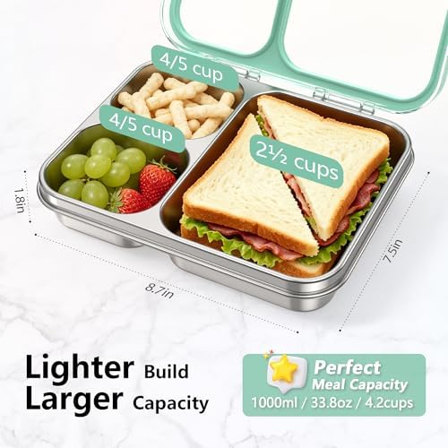 HOMEKOL Stainless Steel Bento Lunch Box 3-Compartment, 4.2Cups, Green