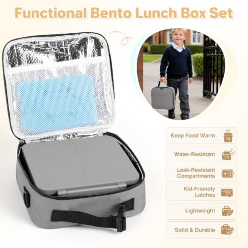 Bento Lunch Box with 8oz Soup Thermo,Kids Leakproof 4 Compartment Lunch Food Containers with Sauce Cup and Ice Pack,Kids Thermo Insulated Hot Food Jar and Lunch Bag for School,Trvael-Black