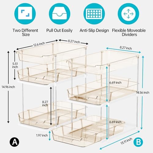 Delamu 2 Pack 3-Tier Bathroom Under Sink Organizers and Storage, Multi-Purpose Stackable Pantry Organization and Storage, Pull Out Clear Kitchen Bathroom Cabinet Organizer with Movable Dividers, Amber
