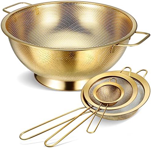 Norme 5 Quart Gold Colander and 3 Metal Fine Mesh Strainer Set