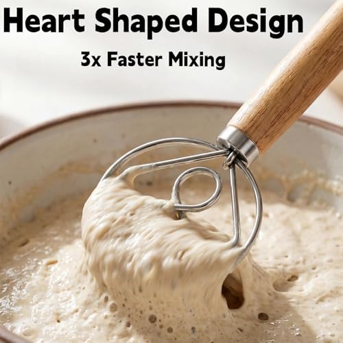 TEEVEA Danish Dough Whisk Wooden Handle Stainless Steel for Sourdough Bread